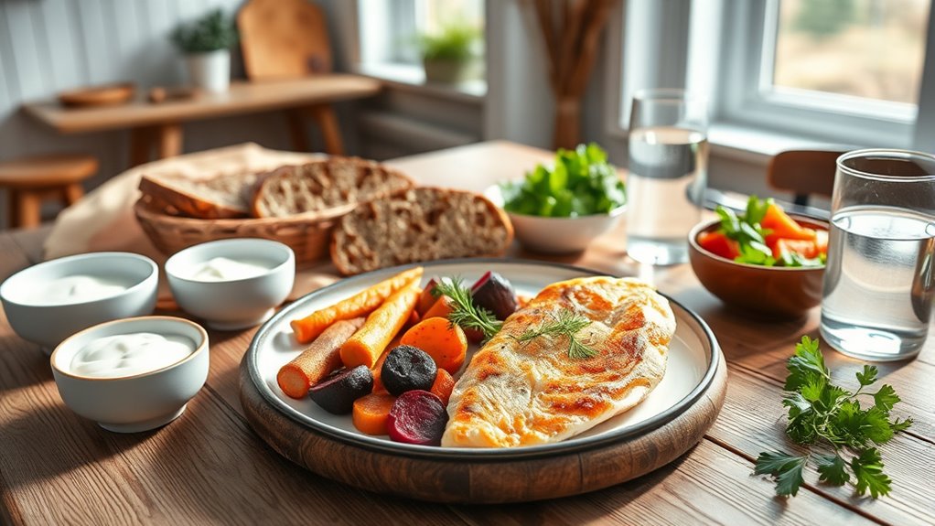 whole grains root vegetables fish