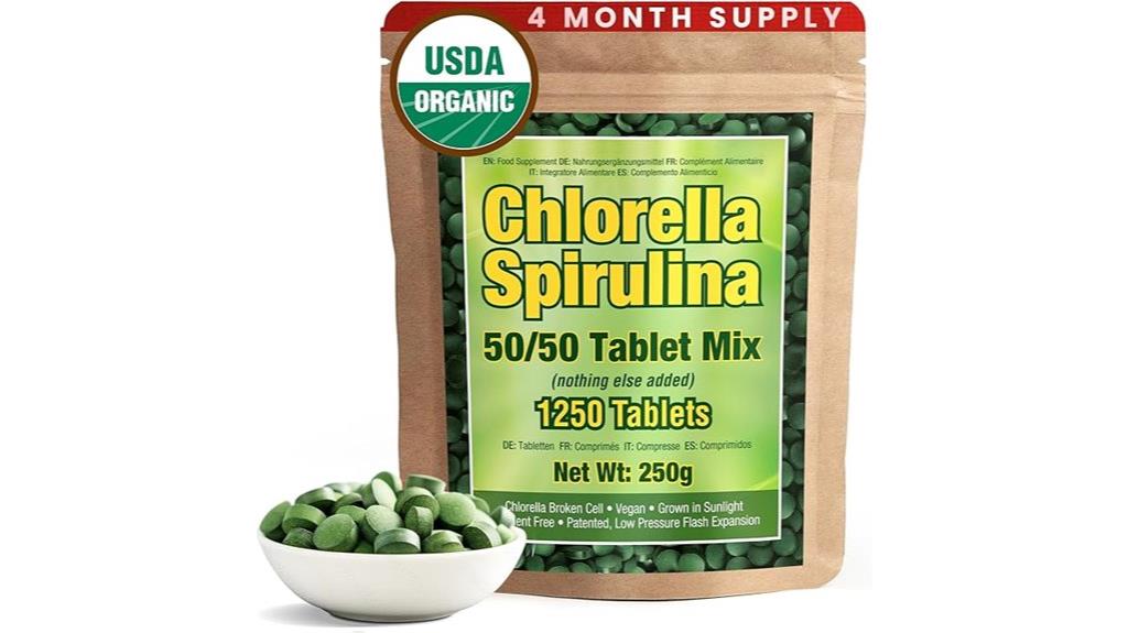 large bottle of green supplements