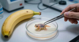 A 3 year old tadpole that didn't turn into a frog. Banana on left for scale.