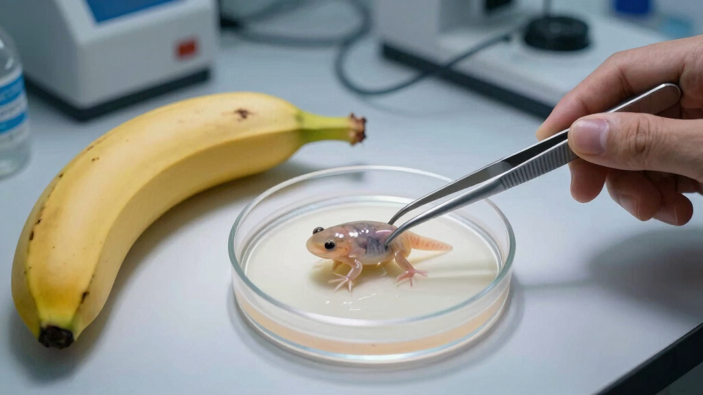 A 3 year old tadpole that didn't turn into a frog. Banana on left for scale.