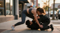 Woman grapples thief and puts him in a triangle choke to stop him from escaping.