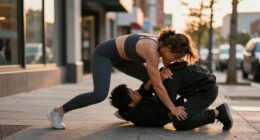 Woman grapples thief and puts him in a triangle choke to stop him from escaping.