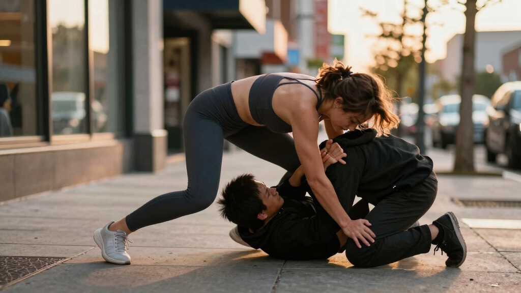 Woman grapples thief and puts him in a triangle choke to stop him from escaping.
